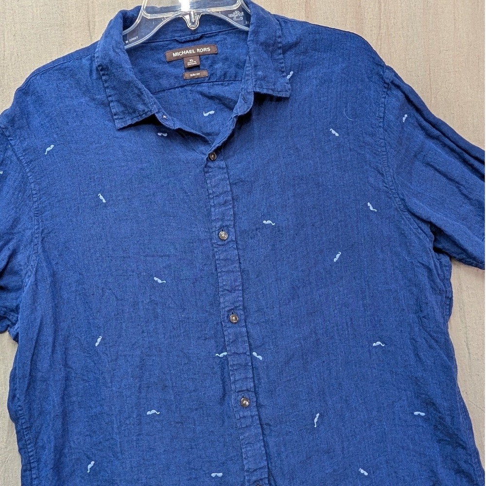 Michael Kors Mens XL Blue 100% Linen Mustache Embroidered Slim Fit Shirt SS